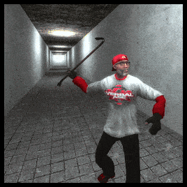 a man in a white shirt with the word virtual on it is holding a stick