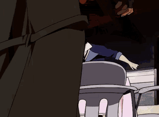 a cowboy bebop character is sitting in a chair with a pink table cloth