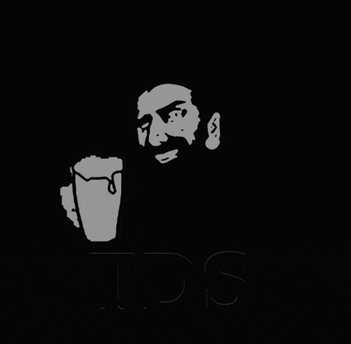 a black and white drawing of a man with a beard holding a cup with the letters cit behind him