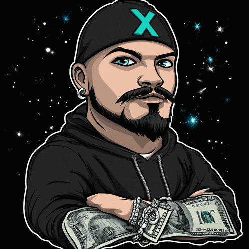 a cartoon of a man with a beard and a hat with the letter x on it