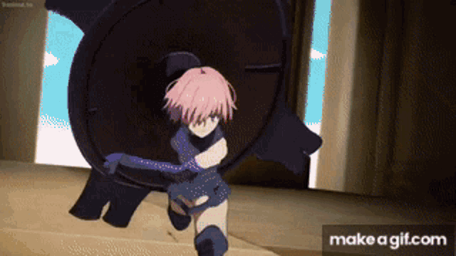 a girl with pink hair is standing in front of a large shield .