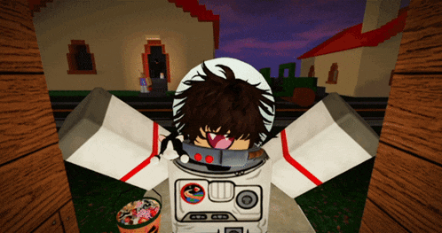 a person in a space suit is standing in front of a house
