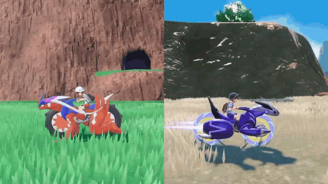 a video game shows a person riding a motorcycle and another person riding a dinosaur