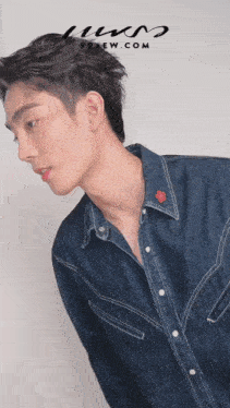 a man wearing a denim shirt with a red flower pin on his collar is on a preview.com page