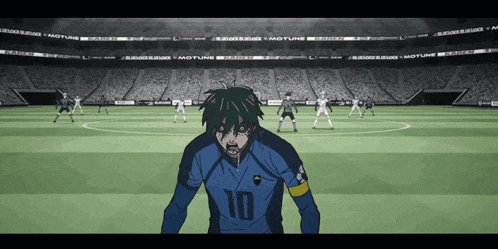 a soccer player with the number 10 on his jersey stands on the field