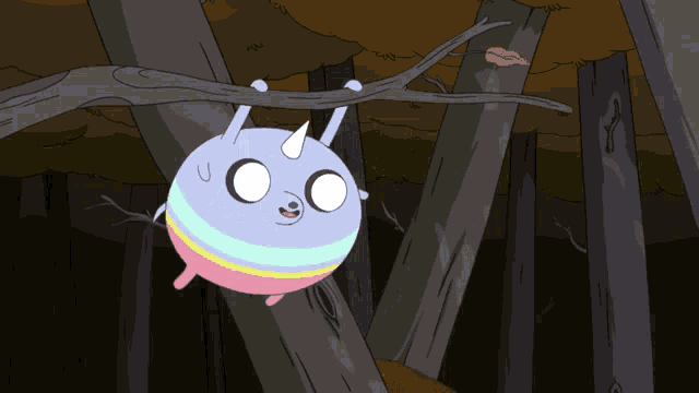 a cartoon character is hanging upside down from a branch