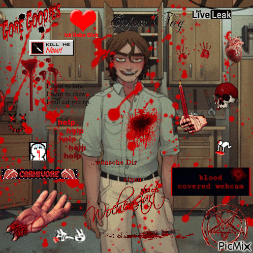 a picture of a man with blood on his clothes and a candle in his hand