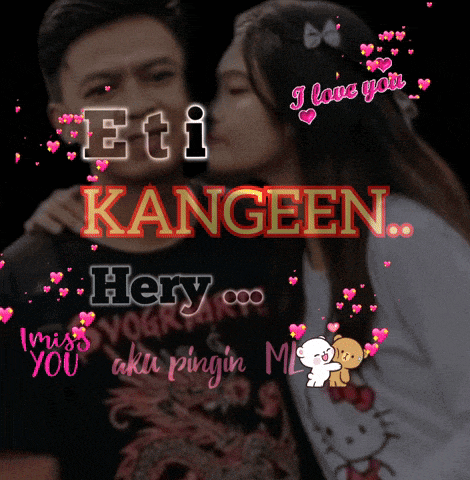 a woman kissing a man with the words eti kangeen hery written above them