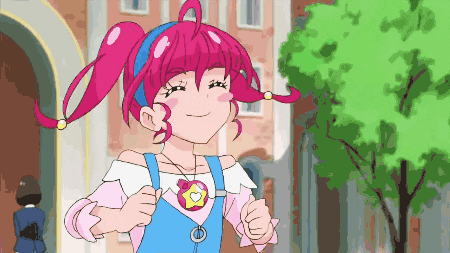 a girl with pink hair is wearing overalls and a necklace