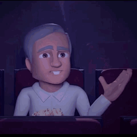 a cartoon character is eating popcorn in a movie theater