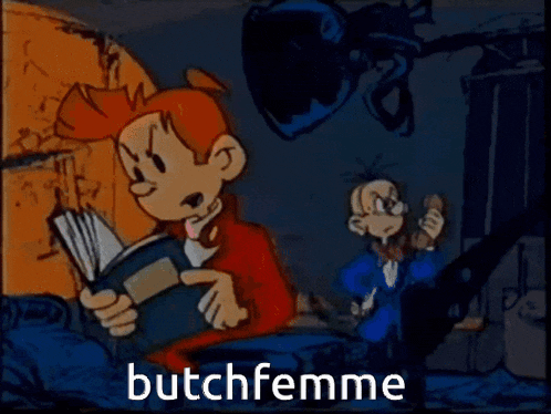 a cartoon of a man reading a book with the words butchfemme behind him