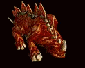 a 3d rendering of a bloody dinosaur with sharp claws and horns on a black background .