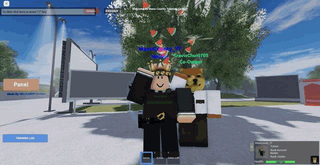 a screenshot of a video game shows a person named travischu0105 standing next to a dog