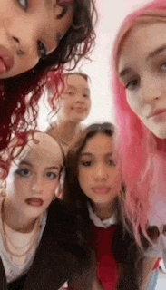 a group of girls with pink hair are posing for a picture .
