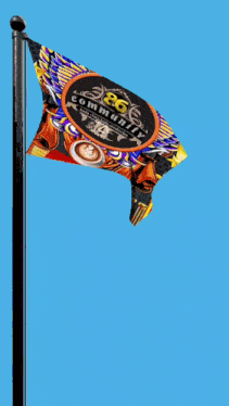 a colorful flag is flying in the wind on a flag pole .