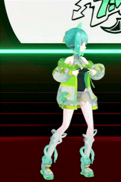 a girl with green hair is dancing in front of a sign that says ' s7 ' on it