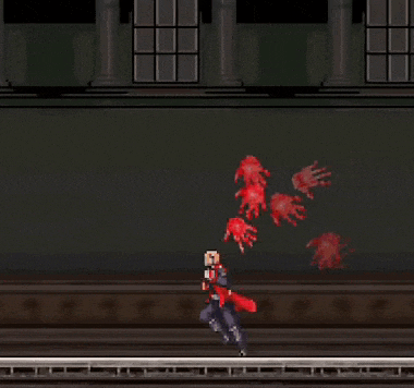 a video game character is running away from a bunch of bloody hands .