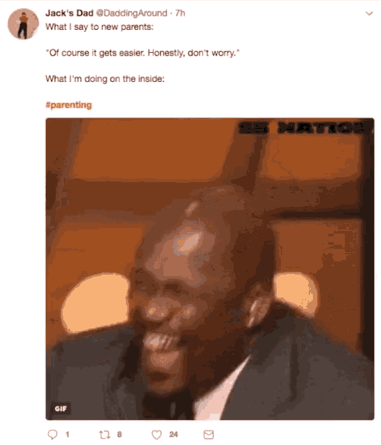 a man in a suit and tie is laughing in a twitter post .