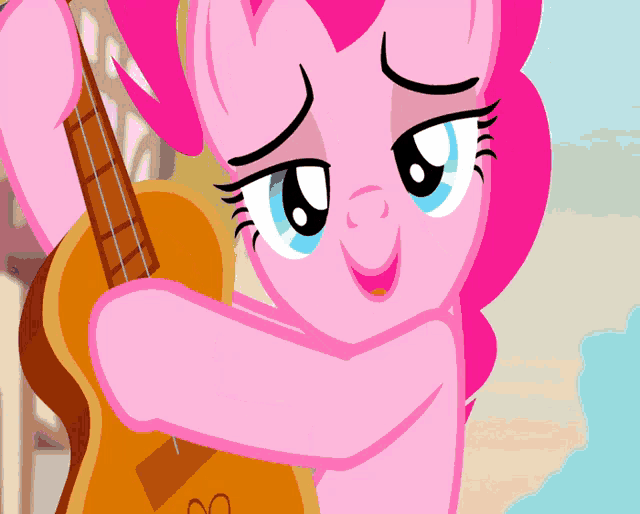 a pink cartoon pony is holding a guitar with a sad look on her face