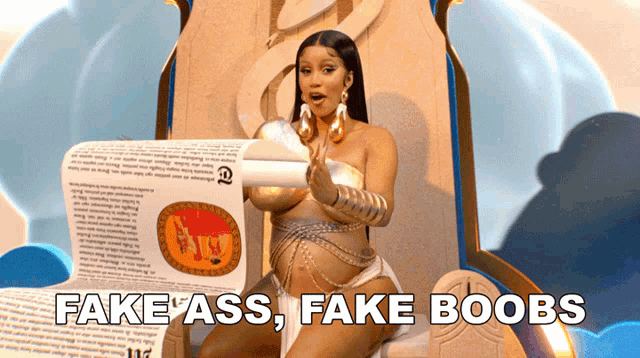 a woman sitting on a throne with fake ass fake boobs