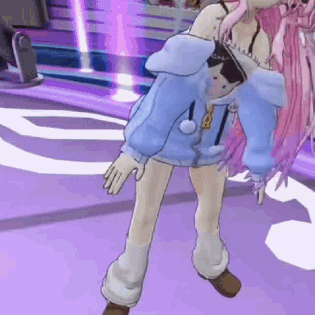 a cartoon girl with pink hair is standing on a purple floor in a room .