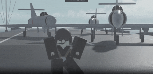 a cartoon character stands in front of a bunch of planes on a runway in a video game