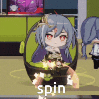 a cartoon girl is sitting in a chair and the word spin is on the floor