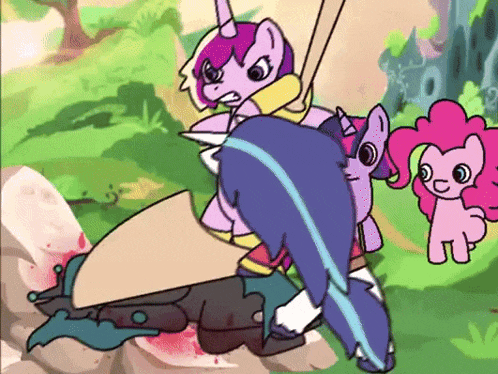 a cartoon of pinkie pie standing next to a purple pony