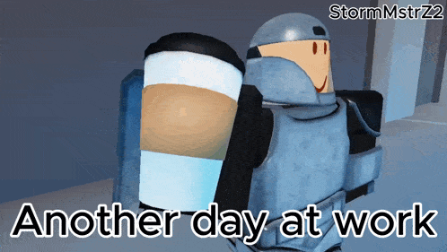 a cartoon character holding a cup of coffee with the words another day at work below him