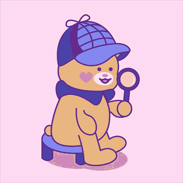 a teddy bear wearing a detective hat is sitting on a stool holding a magnifying glass