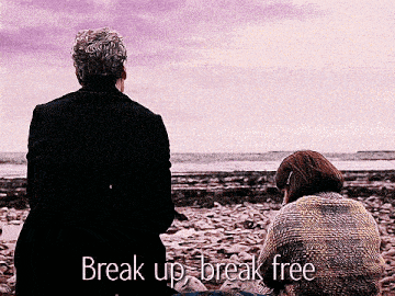 a man and woman sit on a beach with the words break up break free