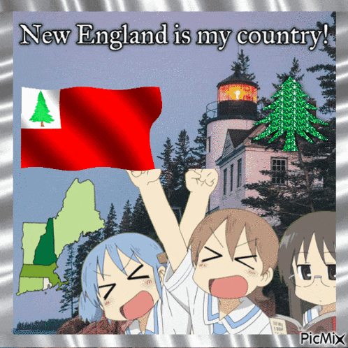 a poster that says new england is my country with three girls holding up a flag