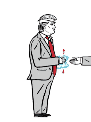 a cartoon of donald trump in a suit and tie giving a handshake to another man .