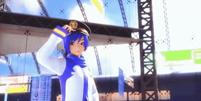 a cartoon character with blue hair and a hat is standing on a bridge .