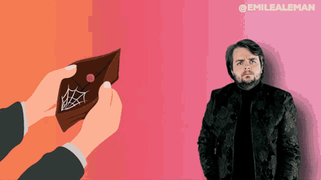 a man in a black jacket stands next to a person holding an empty wallet with a spider web on it