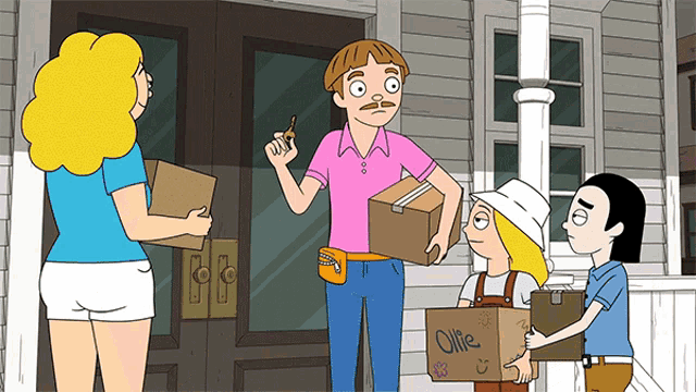 a cartoon of a family moving into a house with a box that says " ollie " on it