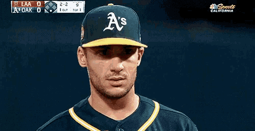 a man wearing a green and yellow a 's baseball cap