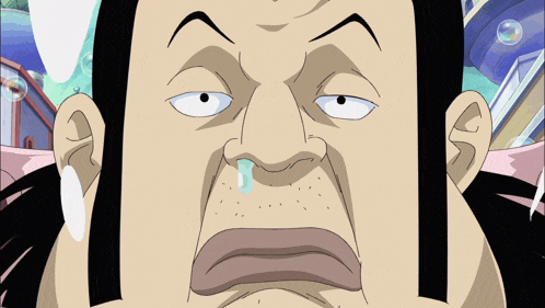 a close up of a cartoon character 's face with a tear running out of his nose