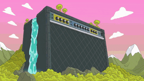 a cartoon illustration of a guitar amplifier sitting on top of a hill