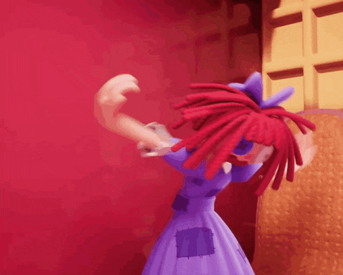 a cartoon character with red hair and a purple dress holding a cane .