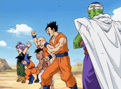 a group of cartoon characters including piccolo and trunks are standing in a desert