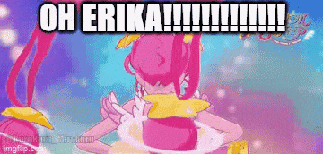 a cartoon of a girl with pink hair and the words `` oh erika '' written on it .