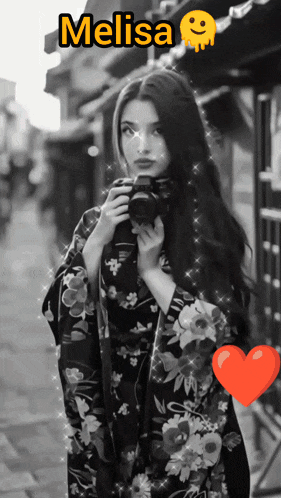 a black and white photo of a woman holding a camera with the name melisa on top