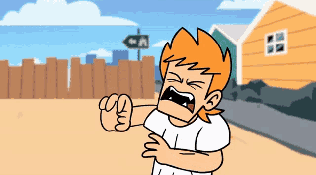a cartoon drawing of a boy with orange hair pointing at something