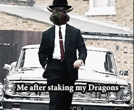 a man in a suit and hat is standing in front of a car with the words me after staking my dragons written on it