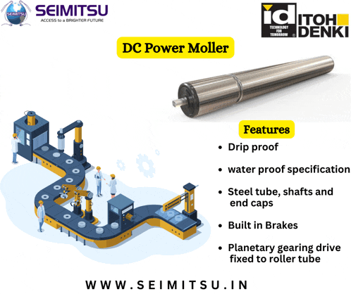 an advertisement for a dc power moller features drip proof water proof specification steel tube shafts and end caps