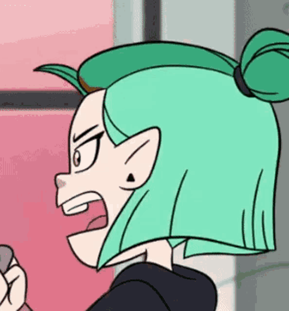 a close up of a cartoon character with a bun in her hair .
