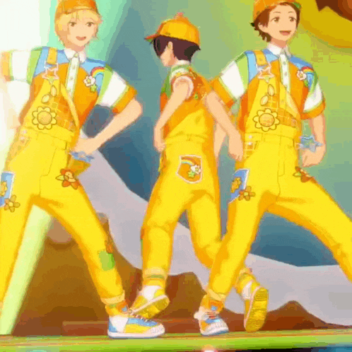 three cartoon characters wearing yellow overalls and hats
