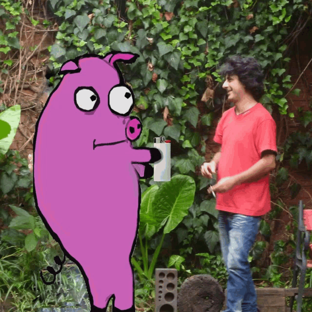 a man in a red shirt stands next to a cartoon pig holding a lighter