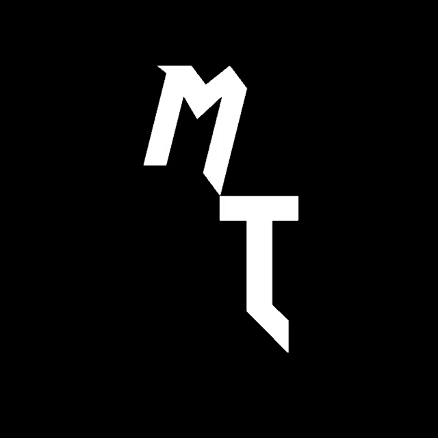 a white letter m and a white letter t are on a black background